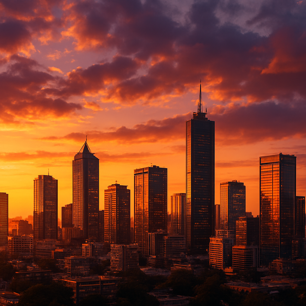 African city skyline at golden hour dusk
