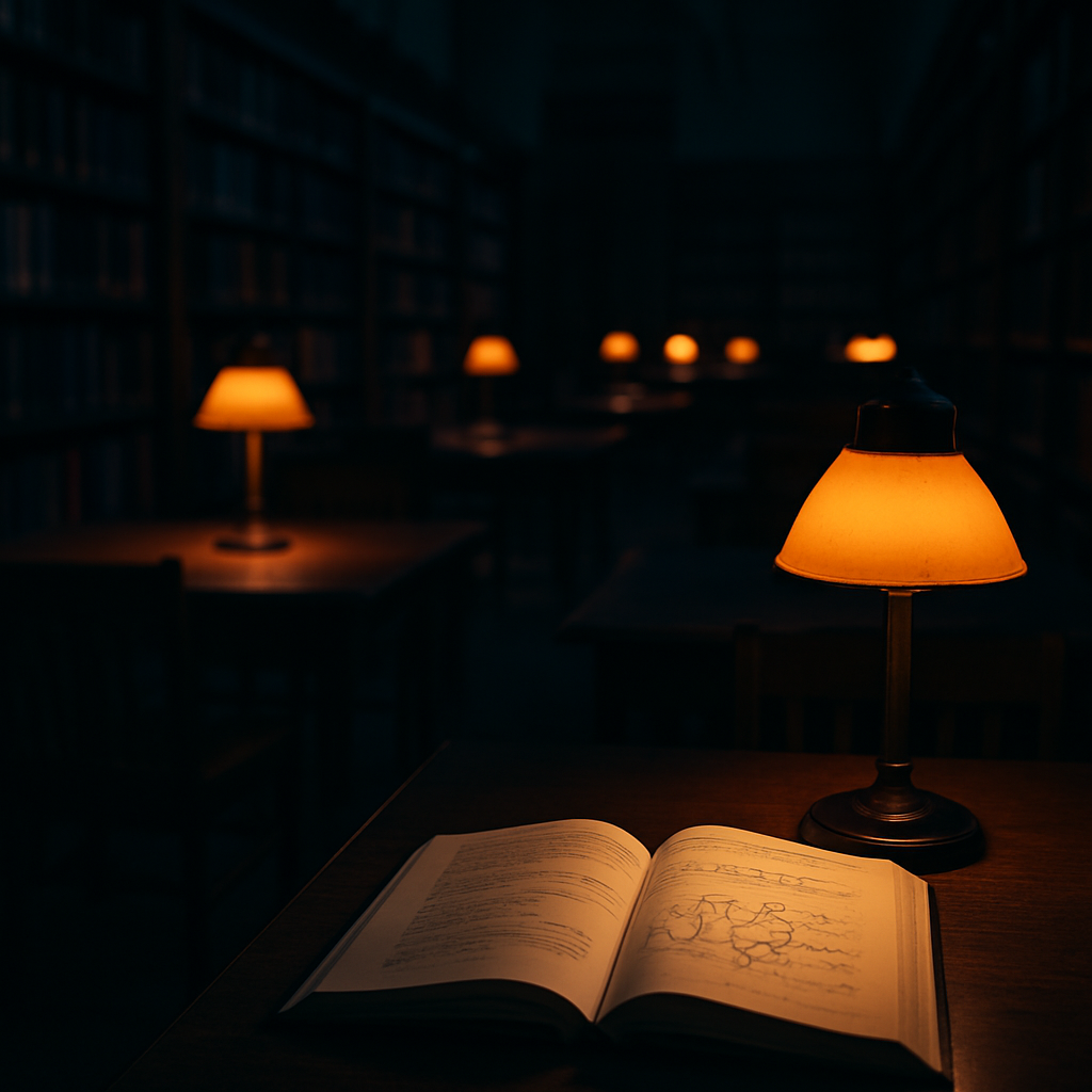 University library at night with open textbook showing AI equations