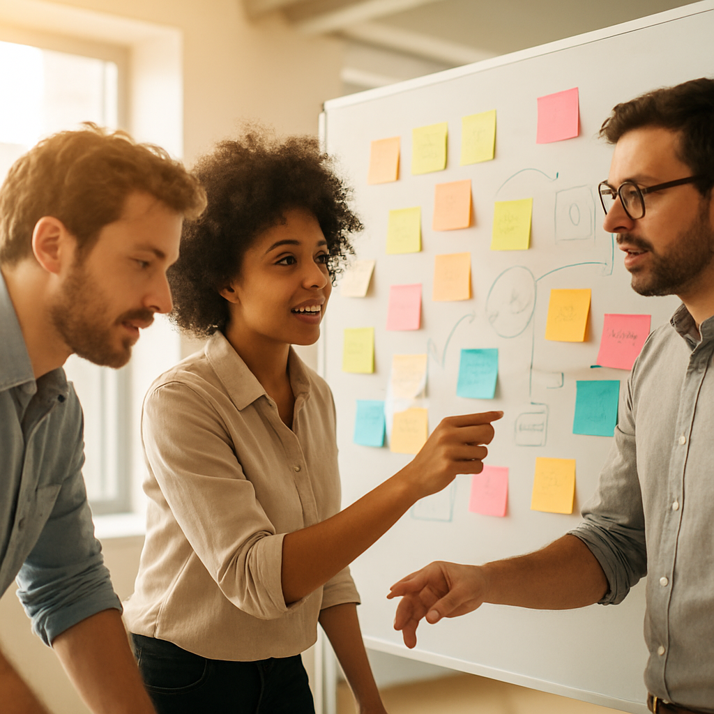Small startup team gathered around a whiteboard in a bright modern office