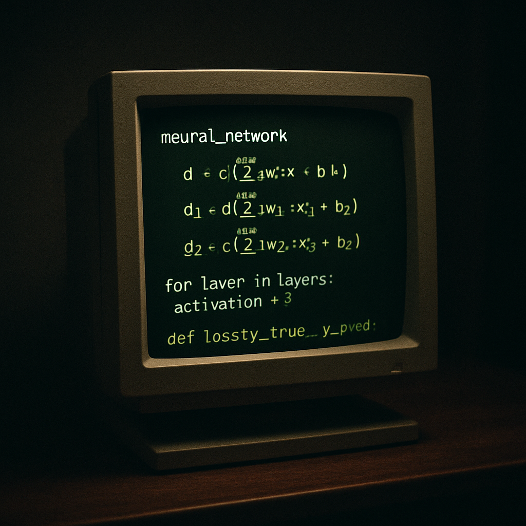Vintage CRT monitor showing neural network code in the dark