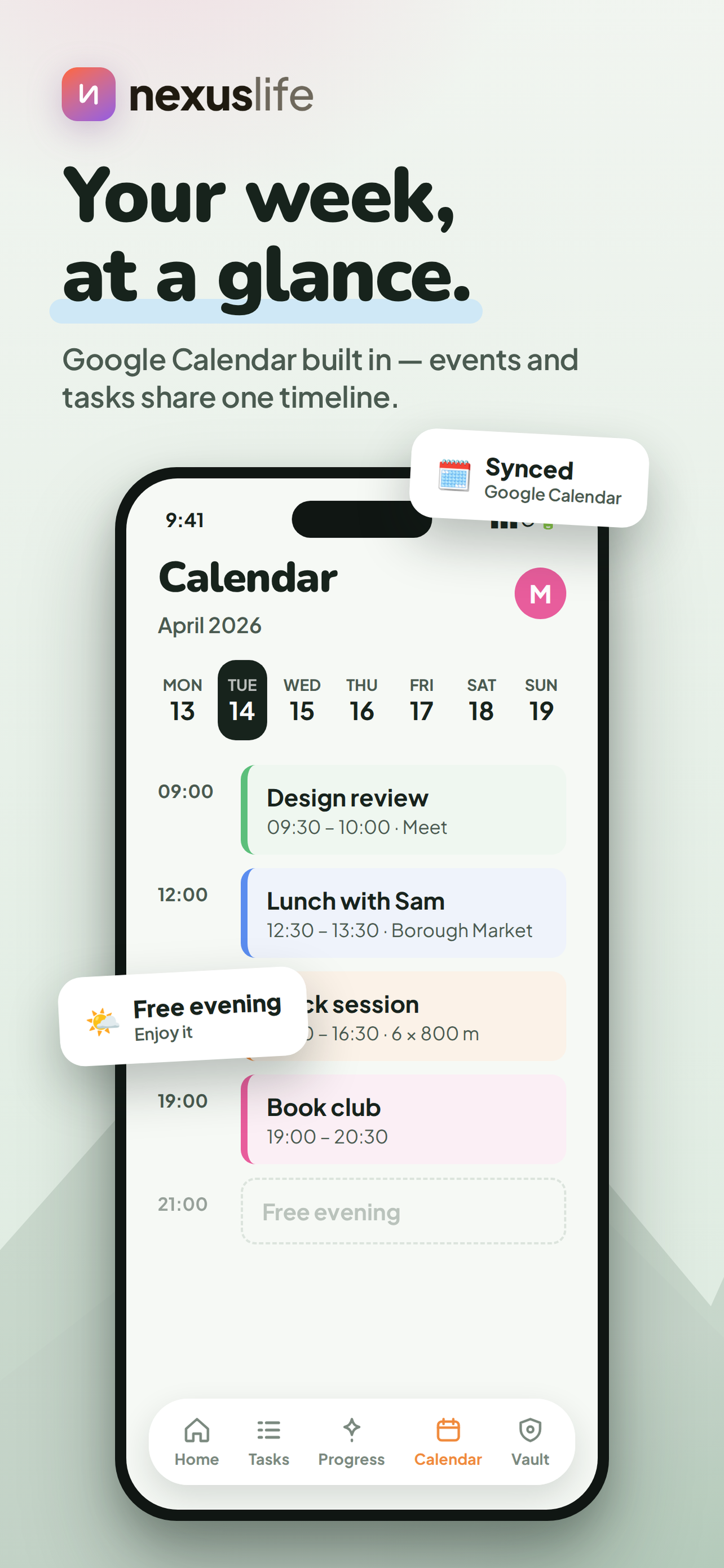 Nexus Life calendar view synced with Google Calendar