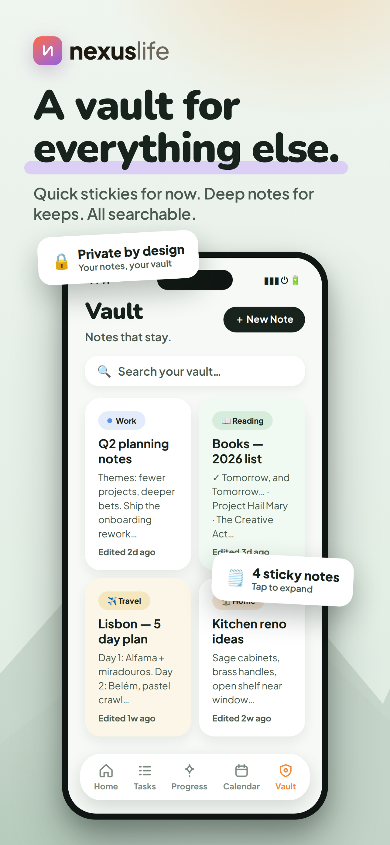 Nexus Life vault view with searchable notes and sticky notes