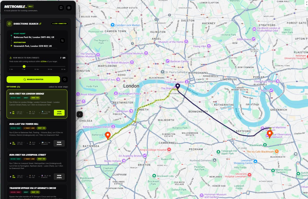MetroMile app showing a running route mixed with London transit on a map